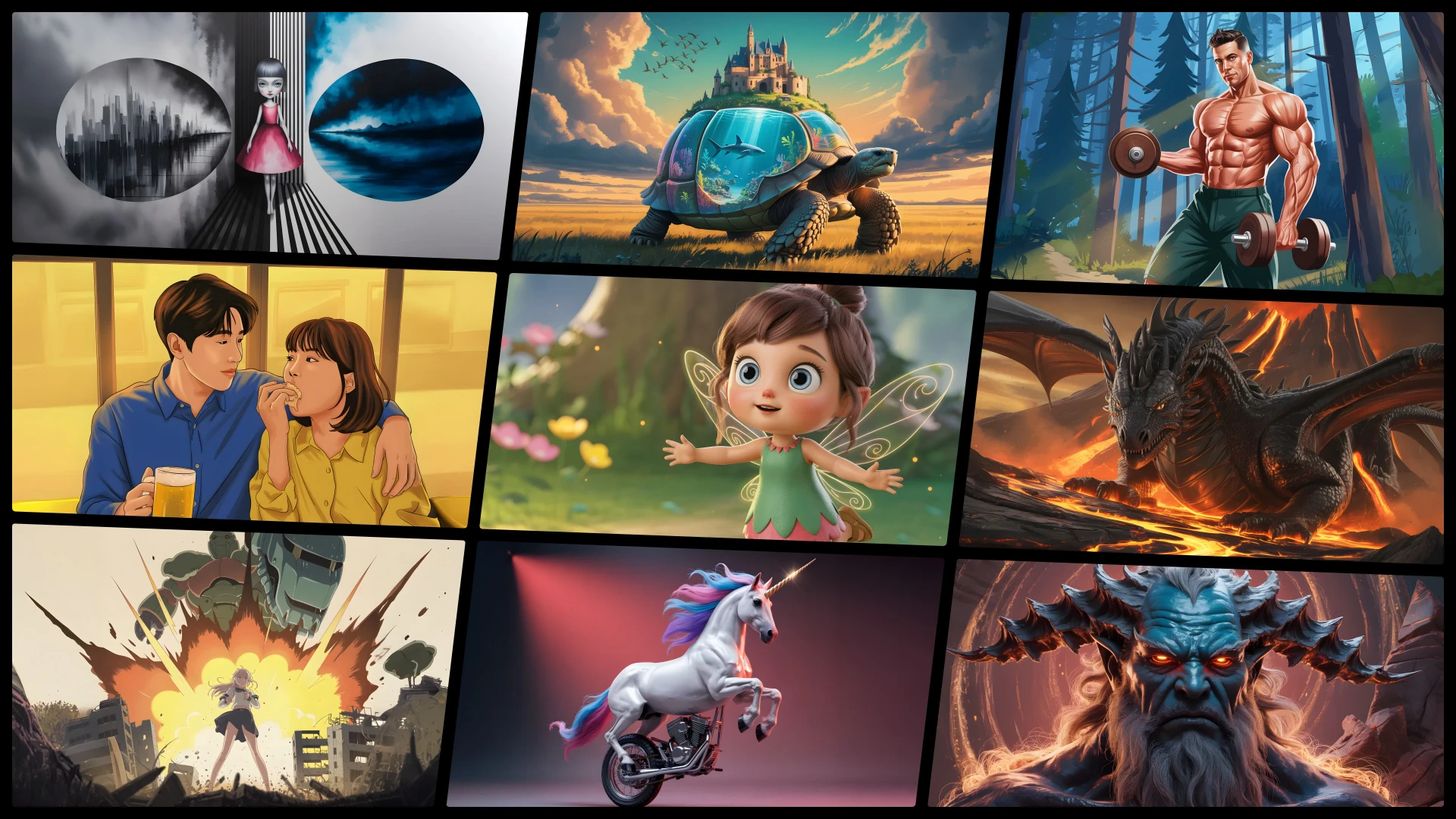 AI generated image grid — fantasy, anime and creatures