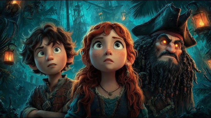 Animated story characters in a cinematic scene