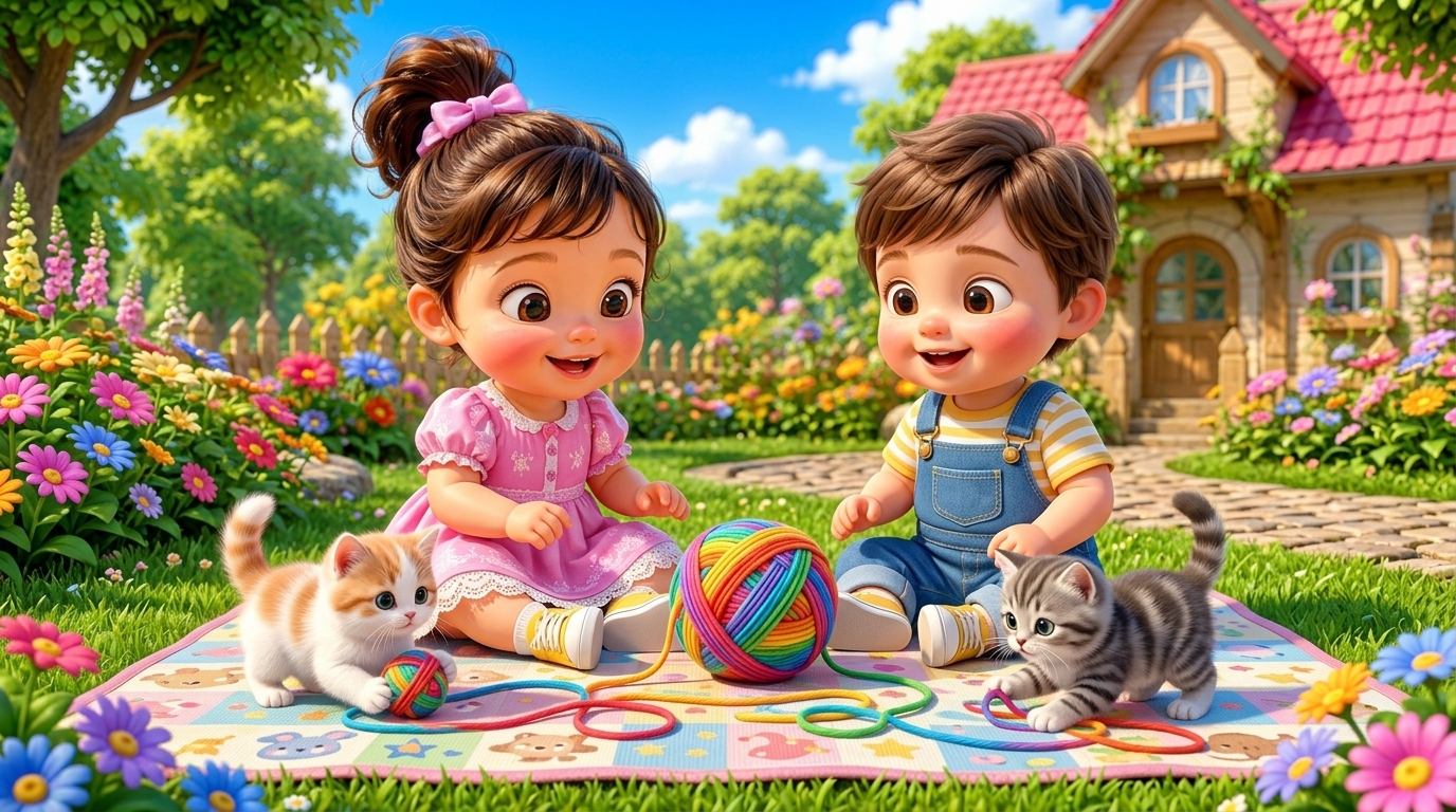 Consistent character animation frame with kittens in a garden